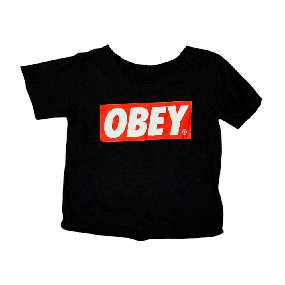 Obey Womens Black Red Box Logo Graphic T-Shirt Raw Hem Cropped Streetwear Tee S